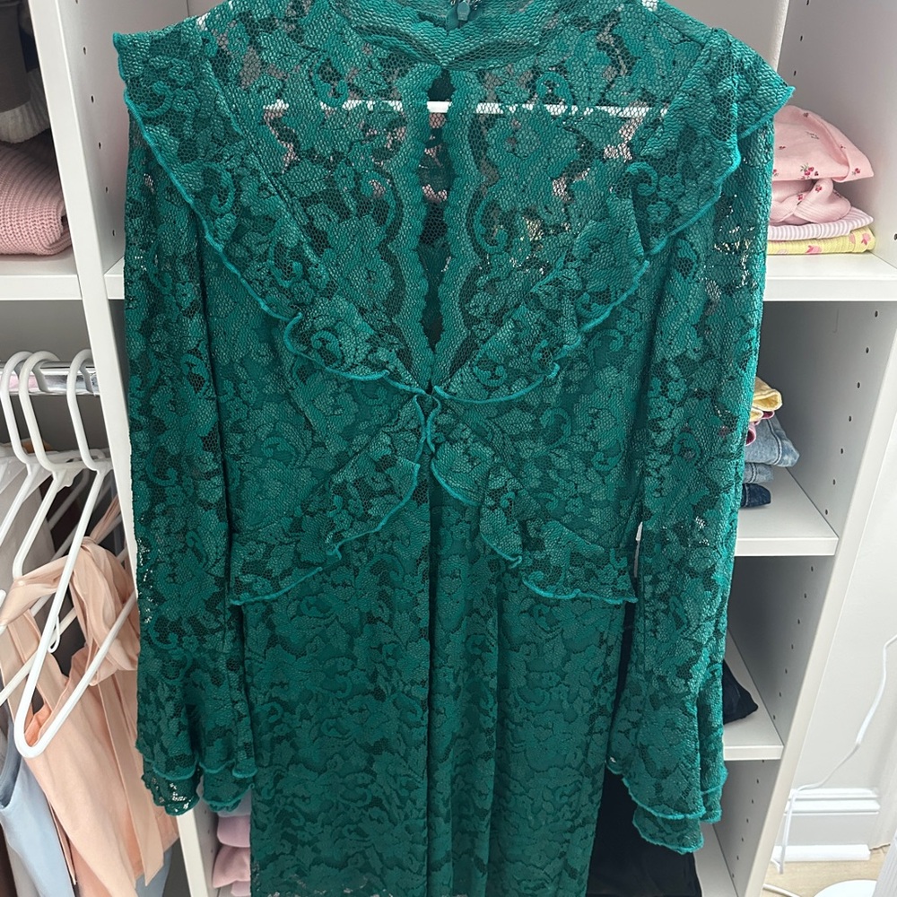 Free People Emerald Lace Long Sleeve Mini Dress